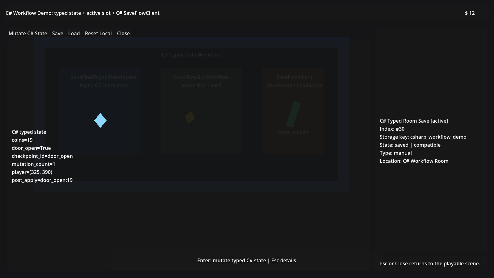 C# Workflow demo after loading saved typed room state, with slot card and restored room state visible