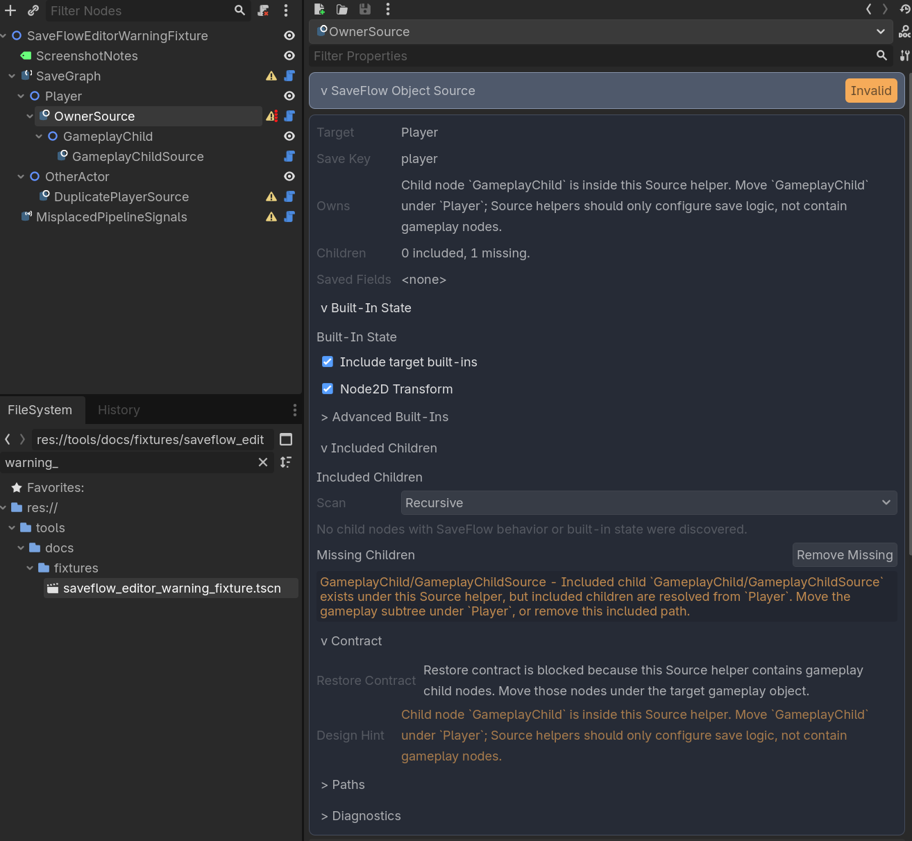 SaveFlowNodeSource inspector preview showing an included child ownership warning