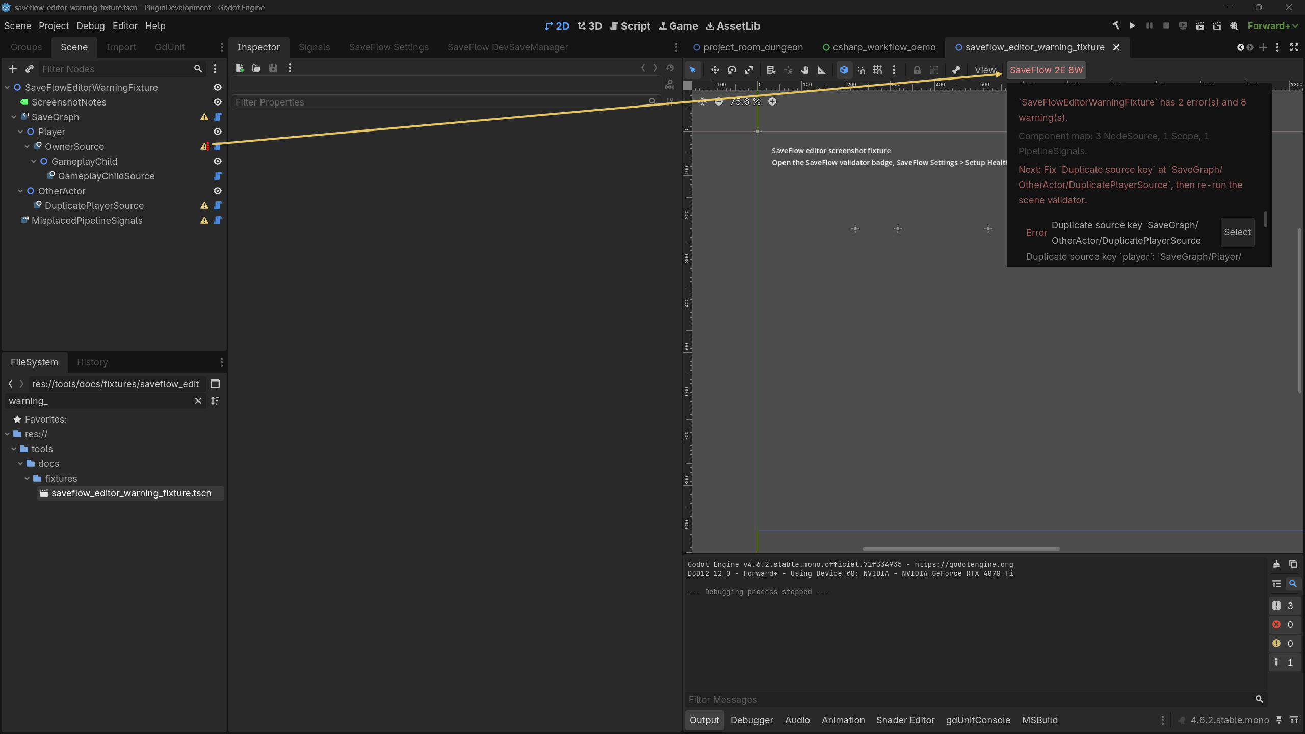 Scene Validator badge expanded with current-scene warnings