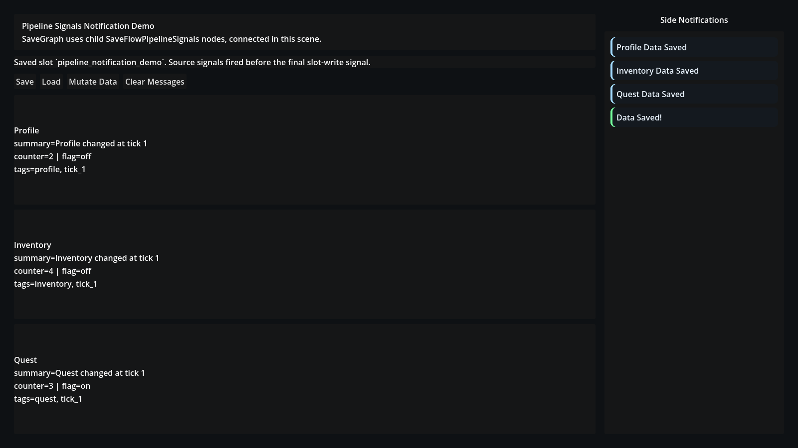 Pipeline Notifications demo after save, showing source-level messages and final Data Saved feedback
