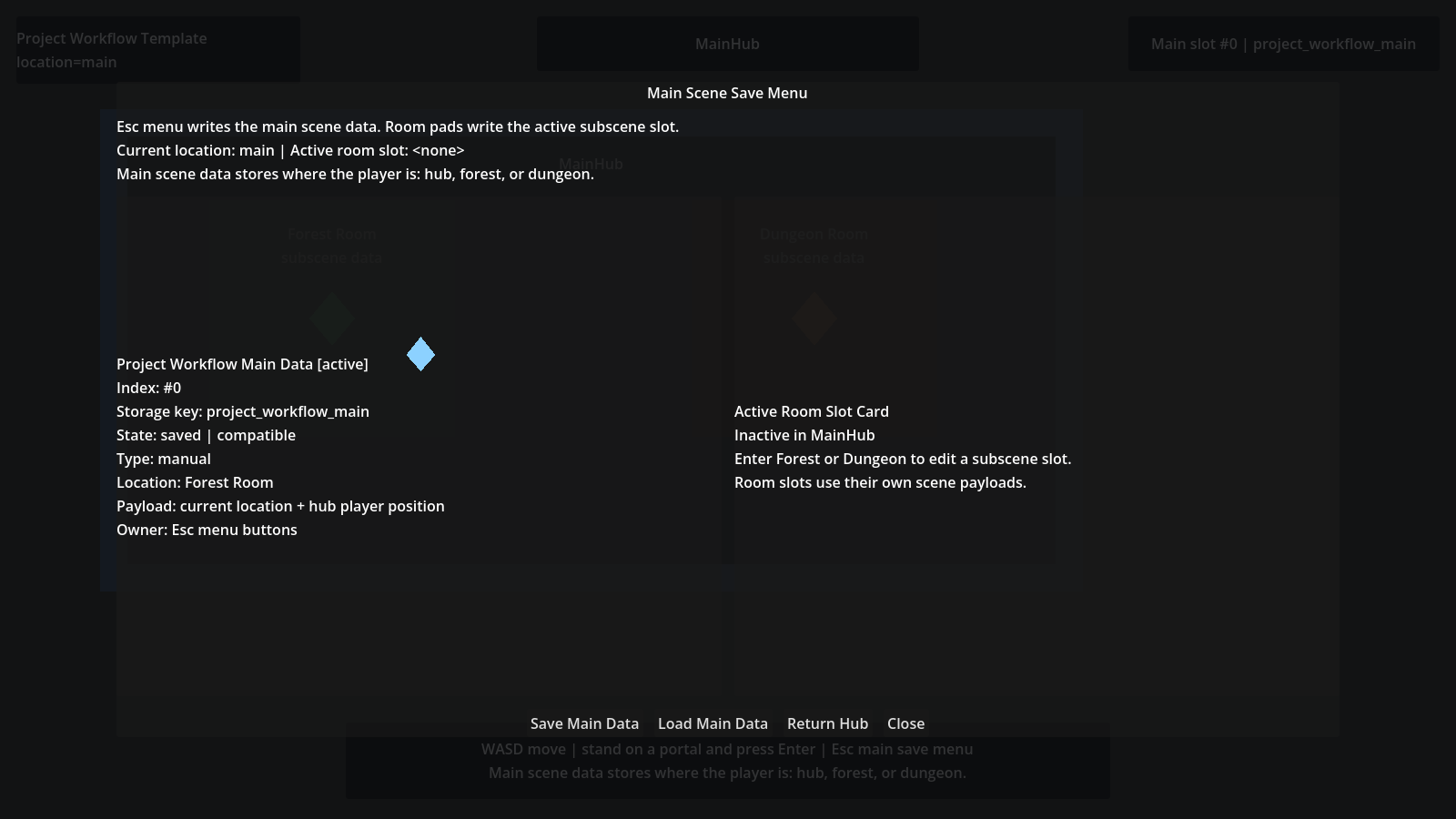 Recommended Project Workflow main save menu showing main scene data and active room slot context